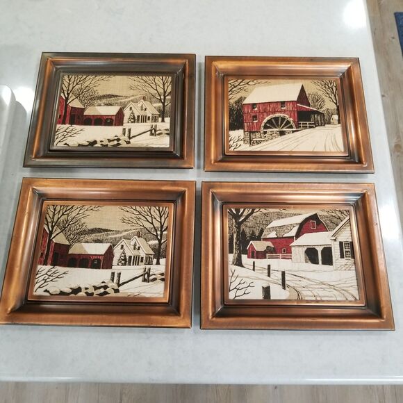 CopperCraft Guild Hand Painted By Kay Dee Linen Winter Scenes vintage 70's - Picture 1 of 11